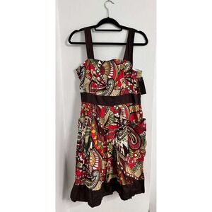Bohemian Festival Retro Print Dress Brown Multicolor w/pockets Woman 12 AGB
